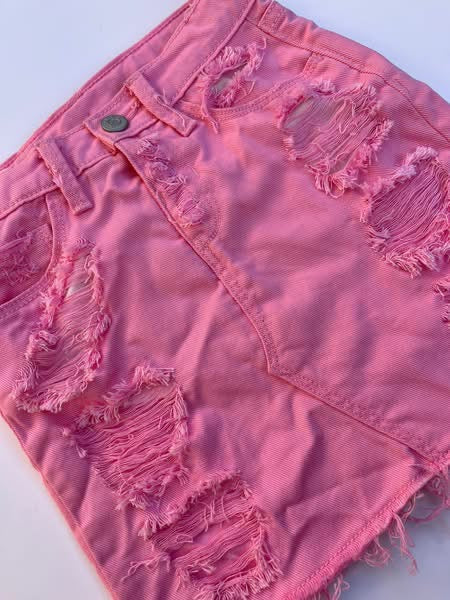 Pink distressed mini skirt pre order
